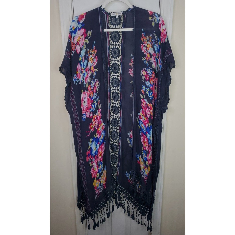 Woven Heart Open Front Kimono Women Medium Navy Blue Pink Floral Tassels Crochet